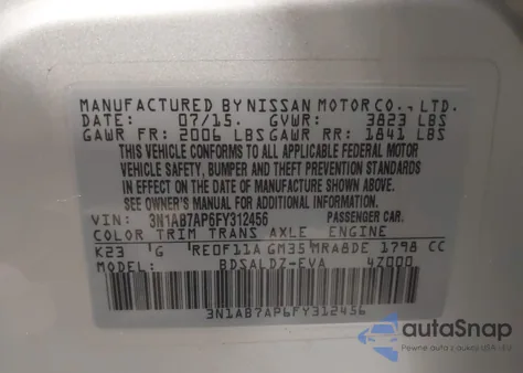 2015 Nissan Sentra Sv из США, поврежденный, VIN 3N1AB7AP6FY312456